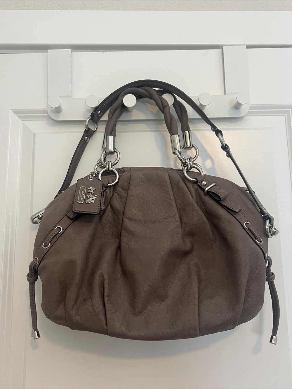 Coach Madison Flint Taupe Leather Gathered Satchel with Braided Handles